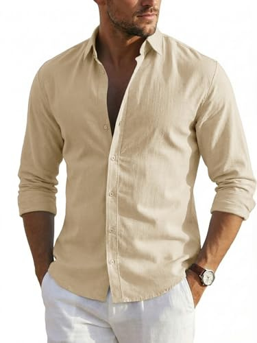 Runcati Camicia da Uomo a Maniche Lunghe, Estiva in Lino, da Uomo, vestibilità Normale, per Il Tempo Libero, Tinta Unita, da Spiaggia, da Lavoro, Casual, con Bottoni,Beige,L