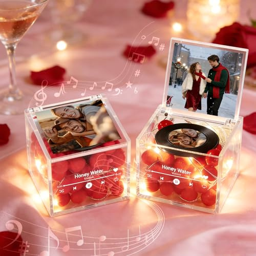 SOUFEEL Personalised Music Box Gifts Custom Acrylic Music Box with Light Vinyl Record Player with Song & Photo Birthday Valentines Gifts for Him Her Husband, Birthday Gift for Music Lover Women Men