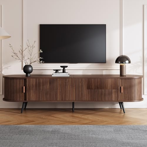 180 x 40 x 45 cm soporte ovalado para TV, nogal oscuro, diseño de rayas verticales, 4 cajones y 1 armario, diseño de puerta con persianas, mueble de TV, armarios bajos, armario de salón, adecuado para