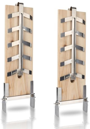Monucep Set di 2 tavole per salmone fiamma, in legno di abete con supporto in acciaio inox (regolabile in 5 posizioni), ideali per braciere e griglie a sfera, tavole da salmone per grigliare e fumare