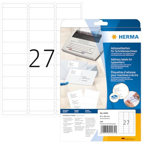 HERMA 4430 Adressetiketten für Schreibmaschinen, 20 Blatt, 67 x 30 mm, 27 pro A4 Bogen, 540 Stück, selbstklebend, bedruckbar, matt, blanko Papier Klebeetiketten Adressaufkleber Etiketten, weiß