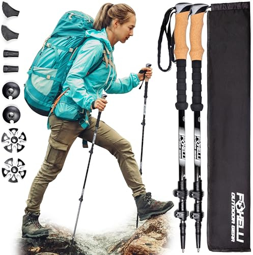 Foxelli Carbon Wanderstöcke – Faltbare leichte stoßdämpfende Stöcke zum Wandern, Trekking, Hiking und Laufen mit Naturkorkgriffen, Flip Locks, 4-Jahreszeiten-/All-Terrain-Zubehör und Tragetasche