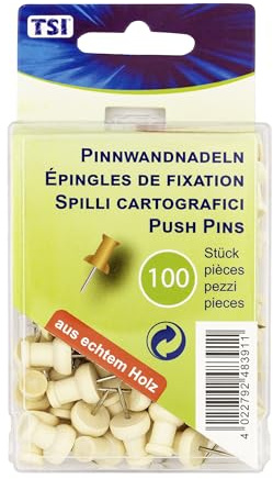 TSI Pinnwandnadeln Standard aus echtem Holz, 100er Packung, in der praktischen Aufbewahrungsbox, Art.Nr. 48391