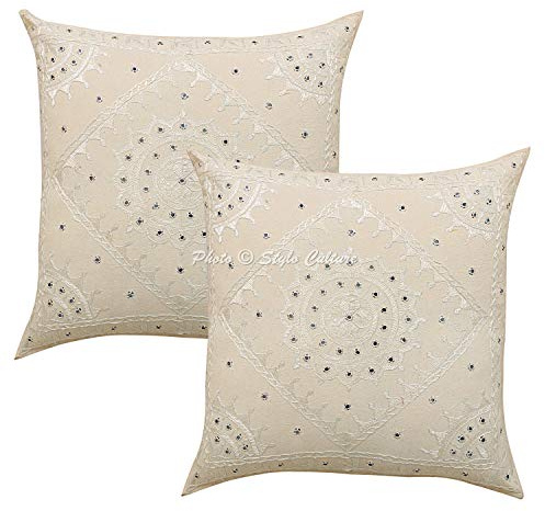 Stylo Culture Ethnicas Forros De Cojines Decorativa 60x60 cm Algodón Espejado Fundas Almohadones Dormitorio Blanquecino 24x24 Inch Bordado Cuadrado sobre Fundas para Cojines De Sofas - 2 Pcs