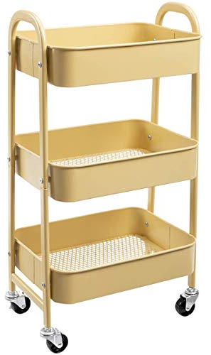 DOEWORKS Servierwagen mit Rollen Rollwagen Metall 3 Etagen Küchenwagen Bastelwagen Rollwagen Küche Aufbewahrungswagen für Wohnzimmer Schlafzimmer Badezimmer Büro, Khaki Gelb