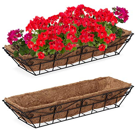 Relaxdays Fioriera, Set da 2 Porta Vaso, con Inserto in Fibra di Cocco, Giardino, Ferro, HxLxP 11,5 x 75 x 21,5 cm, Nero