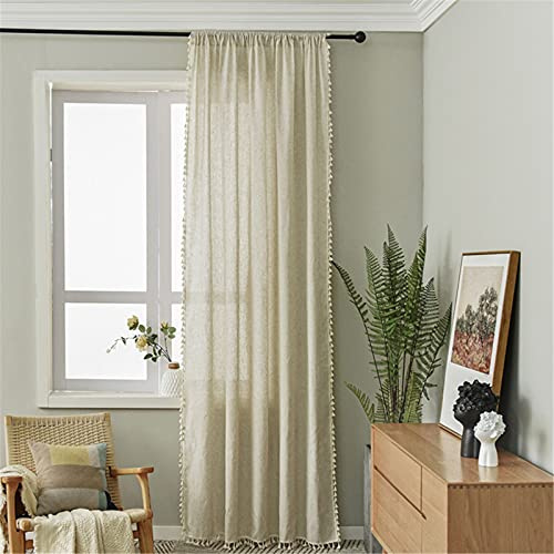 SWECOMZE Boho Vorhänge Transparent Baumwolle Leinen mit Quaste Gardinen,Wohnzimmer Schlafzimmer Gardine,1 Stück (B150×H215cm)