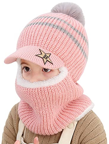 Herbests Kinder Gestrickt Ohrenklappen Hüte mit Bommel Fleecefutter Strickmütze Kapuzen-Schal Beanie Mütze Earflap Hut Winddichte Wintermütze Schalmütze Schlupfmütze für Jungen Mädchen 3-8 Jahre Rosa