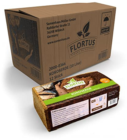 FLORTUS – Kokos Anzuchterde 12x 10L – Kokoserde gepresst aus nachwachsenden Rohstoffen & biologisch abbaubar – Quellerde torffrei & ungedüngt – Blumenerde für Zimmerpflanzen & Gemüse