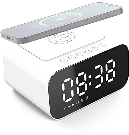 Breadom Sveglia con Caricatore Wireless, Altoparlante Multifunzione 4 in 1 LED Orologio da Tavolo Digitale Radio FM Funzione Snooze