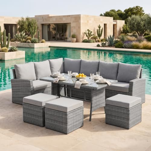 EVRE Grey Marilyn 9 Seater Rattan Garden Furniture Set | Corner Sofa Dining Set with Dining Table & Waterproof Cushions, Outdoor Patio Furniture, Modular Garden Sofa Set with Stools.