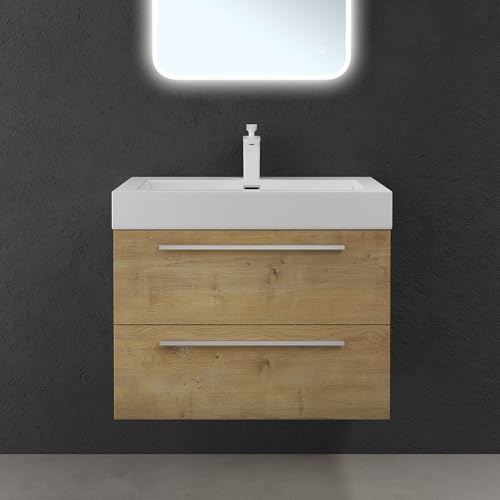doporro Badmöbel-Set Waschbeckenunterschrank in Kerneiche 73x48x60cm | Wandhängendes Badmöbel-Set mit Mineralguss-Waschbecken, Soft-Close-Schubladen – pflegeleicht für moderne Bäder Quadratto