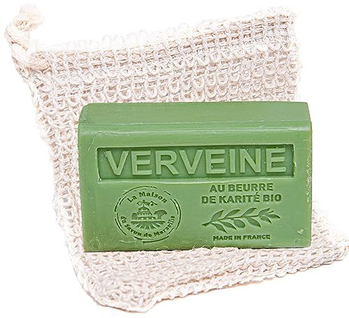 La Maison du Savon de Marseille - Exfoliating 100% Sisal Bag with Verbena Scented Shea Butter Soap - Natural, Eco-Friendly and Moisturising for Smooth Skin- 125g Bar