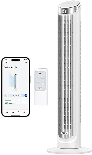 Dreo Smart Tower Fans that Blow Cold Air, Standing Fan for Bedroom, 90° Oscillating, 26ft/s Velocity Quiet Floor Fan with Remote, 8H Timer, Voice Control Bladeless Fans for Indoors, Works with Alexa
