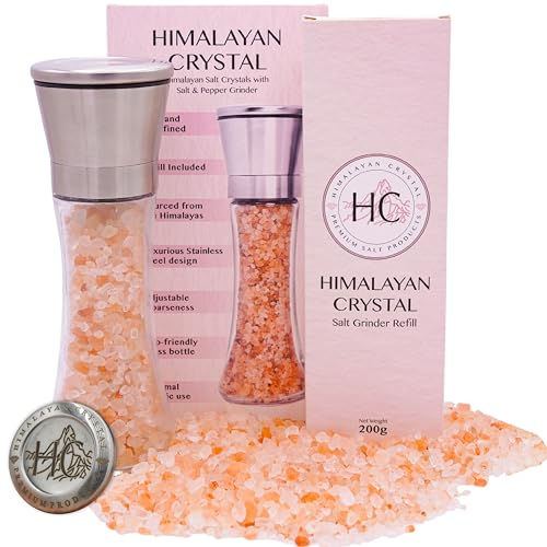 HC 200g Himalayan Pink Salt and Pink Himalayan Salt Grinder | 200g Extra Himalayan Rock Salt Refill | Pink Salt Himalaya with Salt and Pepper Mill |Himalayan Coarse Salt and Pepper Grinder for Kitchen