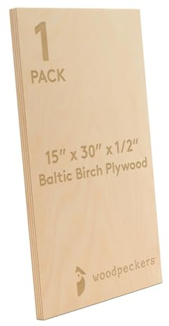 Baltic Birch Plywood 15 x 30 x 1/2 Inch - 12 mm Craft Wood, Pack of 1 B/BB Grade, Stronger Than Basswood Sheets or Balsa Wood, Perfect for Laser, CNC Cutting, Wood Shelves, by Woodpeckers