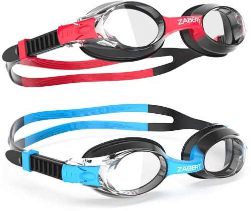ZABERT 2 Pack Kids Swimming Goggles, Swim Goggles for Kids Boys Girls Toddler Youth Junior Jr Childrens Child Little Baby Age 3 4 5 6 7 8 9 10 11 12 Years Anti Fog Clear Black Blue Black Red