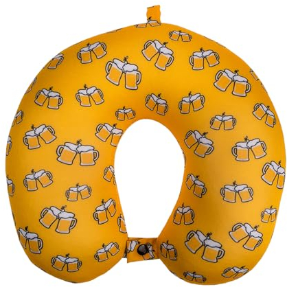 TIENDA EURASIA - Almohada Cervical de Viaje | Relleno de Bolitas | Almoahada Amarilla con Diseño Original de Cerveza | Cervicales y Cuello | Tacto Suave | (32-2124 - Forma de U - 28 x 28 cm)
