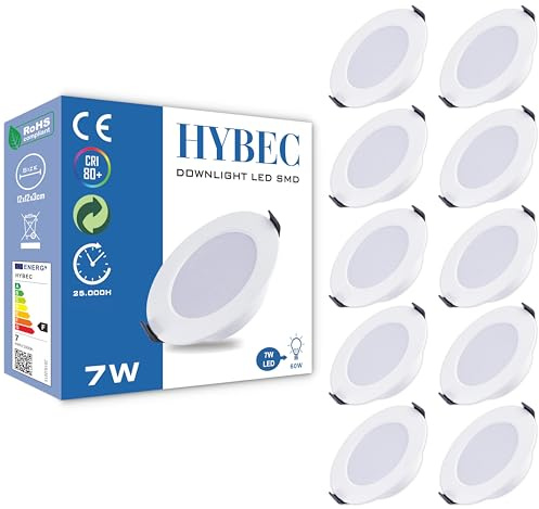 HYBEC - Downlight LED Empotrable, Foco Interior de Techo 7W, Driver Incluido, Luz Fría 6500ºK (Pack 10)