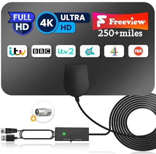 2024 Newest TV Aerial, Indoor TV Aerial with Strong Signal Booster 250+ Miles Range Reception, Freeview Aerial for Local Channels, TV Antenna Support 4K 1080P HDTV with 16.4ft Coax Cable