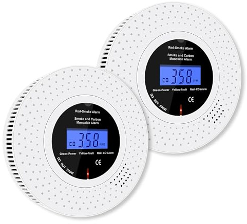 Scondaor Kombinerad rök- och CO-detektor, oberoende kolmonoxid rökdetektor, röklarm med utbytbart AA-batteri, rök- och CO-larm, testknapp, 2 stycken