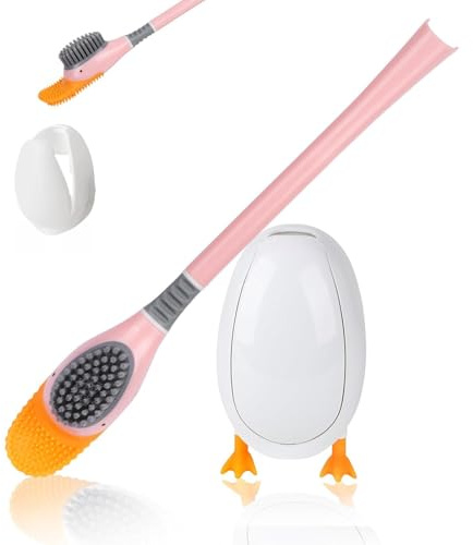Minicoco Cute Diving Duck Toilet Brush 360° Bendable Brush Head Bathroom Cleaning Tool Vertical and Seat Set Wall Mountable Toilet Brush Bathroom Accessories (Pink)