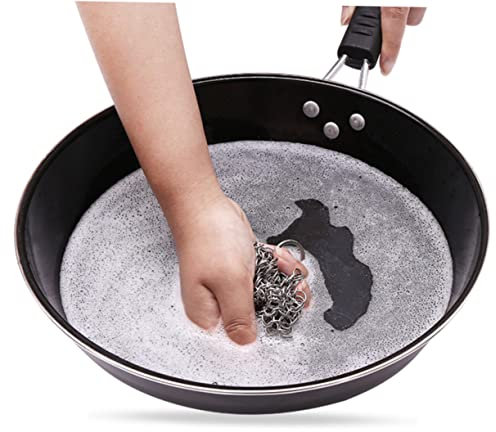 OKUMEYR Stainless Steel Chain Mail Scrubber with Corner Ring for Effortless Cleaning of Cast Iron Skillets Frying Pans Pots and Woks Scratch