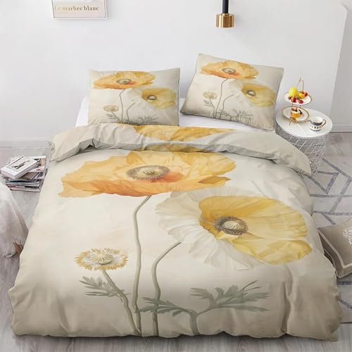 YZQGLHP Mohn Bettwäsche 220x240 Gelb, Wendebettwäsche & Zimmer Deko, Weiche Microfaser Bettbezug Set 2 Teilig, 2 Kissenbezug 80x80, mit Reißverschluss