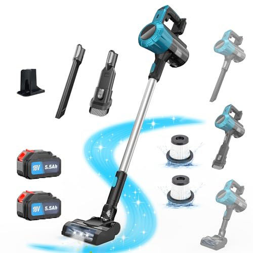 Psogpone Cordless Vacuum Cleaner for Makita 18V Battery, 45000pa Stick Vacuum Cleaner 6-in-1, 550W Powerful Vacuum for Hard Floor Carpet Pet Hair (2 * 5500mAH Battery)