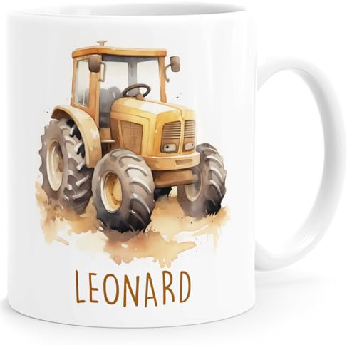 SpecialMe® Kindertasse Namenstasse Traktor Feuerwehrauto Rennwagen Auto Drache Keramikbecher Geschenk Kinder Jungen Weiss standard