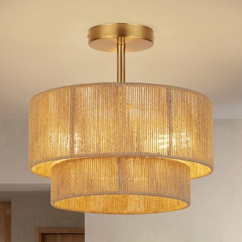 3-Light Boho Light Fixtures Ceiling Mount,12.6'' Rattan Semi Flush Mount Ceiling Light Fixture,Coastal Hemp rope Drum Light Fixtures with 2-Tier Shade, Farmhouse Light Fixture for Bedroom Hallway