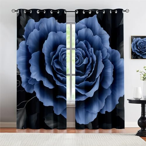 Kinder Gardinen Kinderzimmer Junge Mädchen Blickdicht Schwarz Blau Schöne Blumen 140X160Cm 2Er Set Verdunkelungsvorhang Thermovorhang Hitzeschutz Vorhänge Wohnzimmer Schlafzimmer Vorhänge Mit Ösen