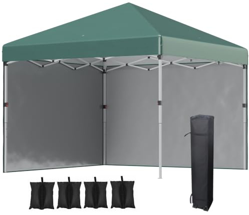 Outsunny Carpa Plegable Pop-up Gazebo 3x3 m 2 Paredes Anti-UV Verde | Cenador Plegable, Altura Ajustable en 3 Niveles, Sacos de Arena, Bolsa de Transporte con Ruedas, Camping Fiestas