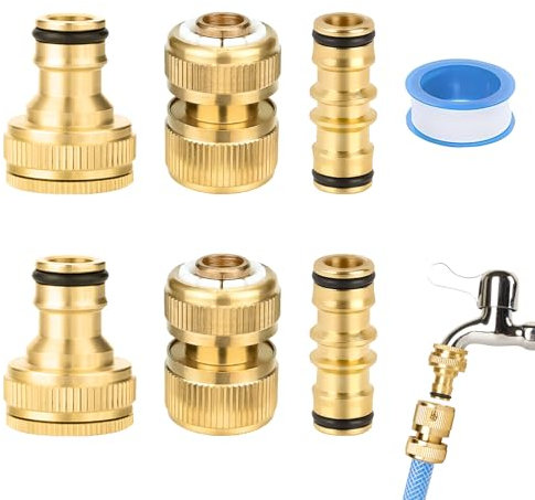 Xatgiouy 7 Pack Brass Garden Hose Connector Set, Brass Hose Fittings Includes 2 Double Male Connector, 2 End Connectors, 2 Adjustable 1/2'' & 3/4'' Tap Connectors, 1 Plumber Tape, Easy to Install