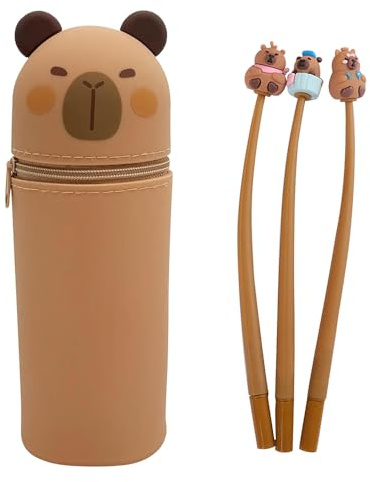 BIZOI Capybara Silikon Federmäppchen, 2-in-1 Schulmäppchen aus Weichem Silikon, Stand Up Federmäppchen Cartoon Tier Stifthalter mit Reißverschluss und 3 Stifte Capybara Federmäppchen Mädchen Junge