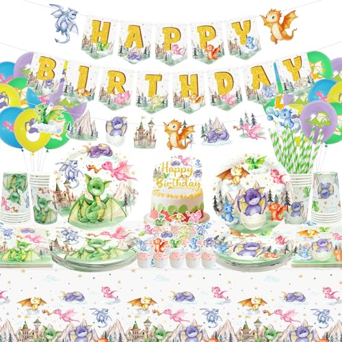 Decoración de fiesta de cumpleaños de dragón, incluye pancarta de fiesta de feliz cumpleaños, platos, tazas, servilletas, mantel, globos, popotes, decoraciones de cumpleaños de dragón, sirve para 20