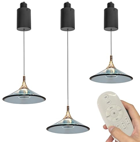 FSLiving Sistema de rieles LED de 1 fase con mando a distancia, moderno sistema de rieles, iluminación interior con riel de alto voltaje de 100 cm, sistema de suspensión con 3 lámparas colgantes de