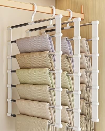 JEJA Trouser Hanger Space Saving, 7 tiers 3 Pack, for Jeans, Trousers, Leggings, Tie, Scarf and Towel, Multi Layer Pants Hanger for Clothes with Hook