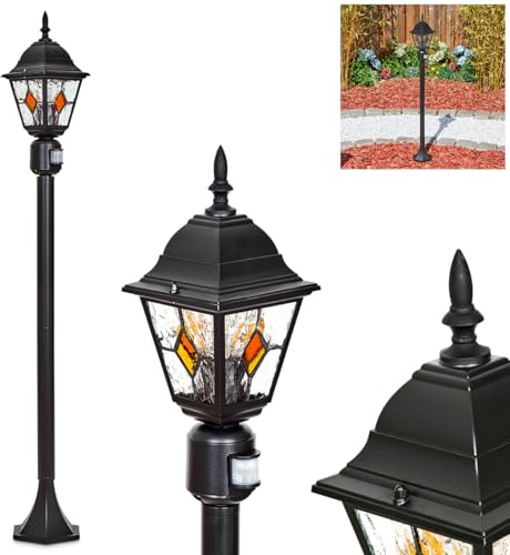 HOFSTEIN Wegeleuchte Naofe, Außenwegeleuchte mit Bewegungsmelder aus Metall/Glas in Schwarz/Klar/Orange, Wegelampe Antik/Landhaus/Vintage/Design für Garten, Außenbereich, Hof, 116 cm, E27, IP44