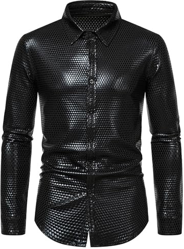 Chemises à manches longues pour homme en cuir métallique PU, chemisier, chemisier, t-shirts occidentaux, hauts brillants pour fête costumée de porm, T-shirt noir à manches longues pour homme, XXL