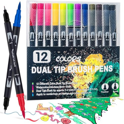 Barlone Dual Brush Pen Set, 12 Farben Filzstifte Dicke und Dünne, Malstifte für Erwachsene und Kinder, Mandala Stifte, Doppelfasermaler Fasermaler 1-2 mm/Fineliner 0,4 mm