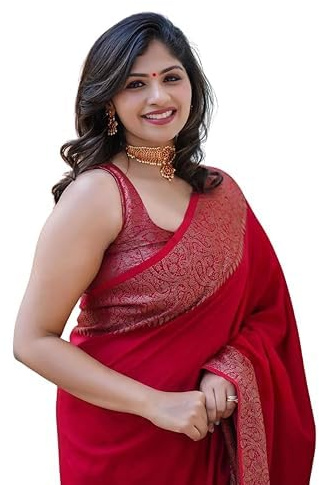 Accessorize Kingdom Women's Soft Pure Kanjivaram Silk Saree For Wedding Banarasi Cotton Sari With Blouse Piece (Yatri-51) (Red, Free Size)