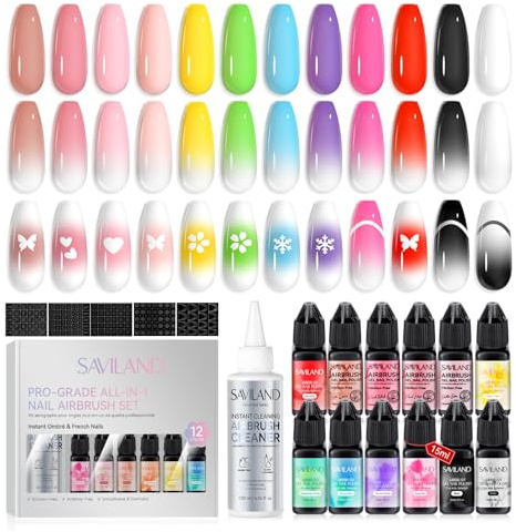 SAVILAND Kit Airbrush Gel Vernis à Ongles Complet: 12 Vernis Gel Airbrush Prêts à l’Emploi sans Dilution, Nettoyant et Pochoirs Pour Créez French, Ombré, Blush et Nail Art Personnalisés