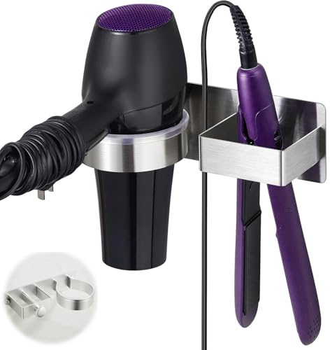 YUNYU Combo de soporte para secador de pelo y alisador de pared, organizador de baño autoadhesivo para secadores de pelo y alisadores, no requiere taladrar, resistente y ahorra espacio