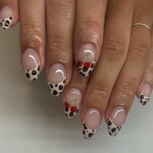 Short Almond French Tip False Nails, Cherry And Leopard Print, 24-Pack | Glossy Finish, Translucent Pale Pink And Cream Design, 1 Nail File For Basic Shaping, Home Manicures And Social Occasions