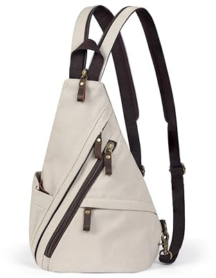 BRASS TACKS Leathercraft Brusttasche Damen und Herren mittelgroß,Drei-in-eins sling bag, um in einen täglichen Schulterriemen umgewandelt zu werden,sportlich Canvas crossbag für Herren und Damen,Weiß | Crossbody-Rucksack, Brusttasche mit Echtleder-Reißverschluss, lässiger Tagesrucksack für Outdoor-Reisen, Radfahren, Wandern