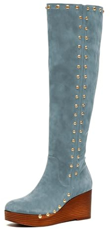 Tang'scuisins Women's Studded Over The Knee Boots Wedge Platform Heels Side Zipper Dressy Shoes for Daily Evening Party Wear Winter Fall Size 9 Blue