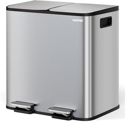 GarveeHome Cubo De Cocina 2x15L Separación Residuos, Pedal Acero Inoxidable, Pedales Independientes, Cierre Amortiguado, Cubos Internos Extraíbles, Reciclaje Residuos Orgánicos (Acero inoxidable)