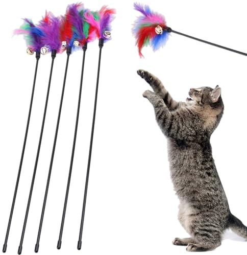 Rwigeboo Teaser per Gatti con campanella, 5 Pezzi, 24 Pollici, Bacchetta Magica per Gatti in plastica con pennacchio colorato, Giocattoli interattivi e Divertenti per Gattini da Interno