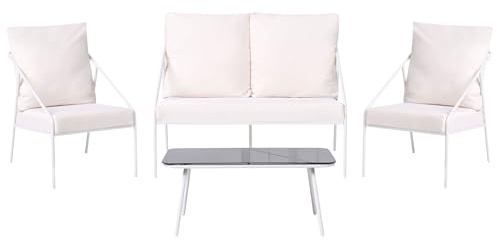 Beliani Lounge Set 4-teilig Metall weiß mit Auflagen 2-Sitzer Sofa 2 Sessel & Tisch Ustica